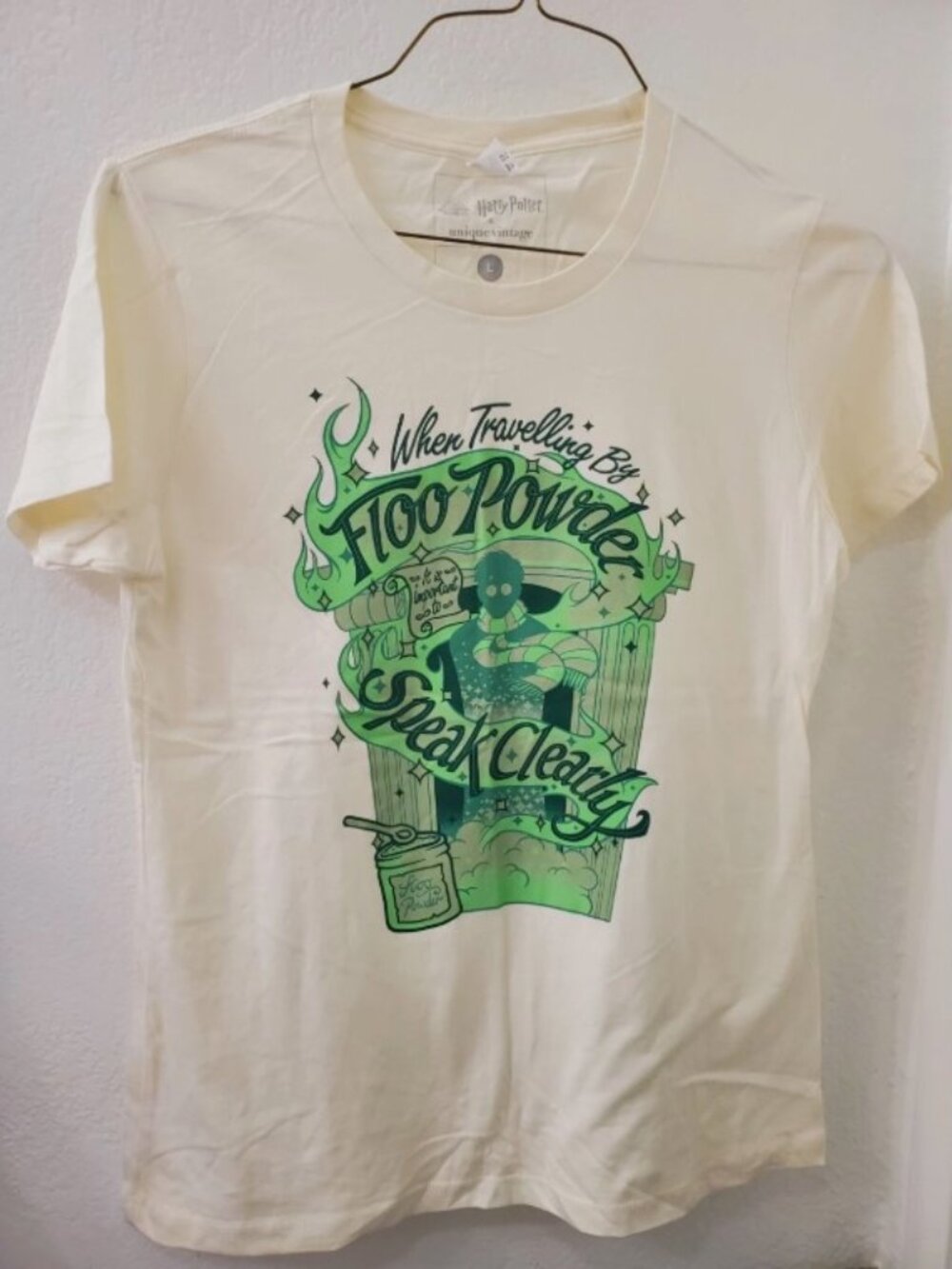 Unique Vintage x Harry Potter Floo Powder Cream Fitted Tee Women Size Large NWOT